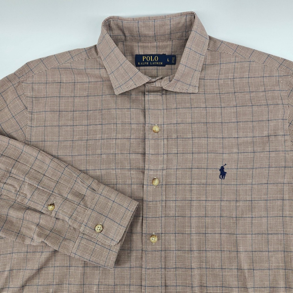 Polo Ralph Lauren Mens Glen Plaid Cotton Button Down Shirt Tan Blue Large